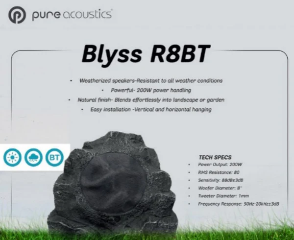 Pure Acoustics BLYSS R8BT 8" BT Outdoor Rock Speaker (1 Active 1 Passive) - Pair