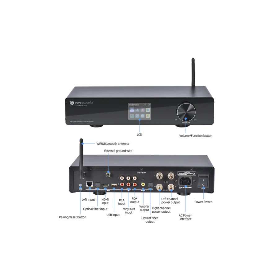 Pure Acoustics Quantum W275 - 2.1 Channel Integrated Stereo Network Amplifier (Supports Bluetooth WIFI, RCA / HDMI ARC/ LAN)